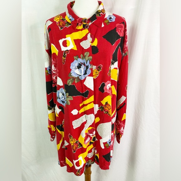 Vintage 80s Bold Abstract Floral Geometric Print Red Button Up Blouse Top XXL - Picture 1 of 7